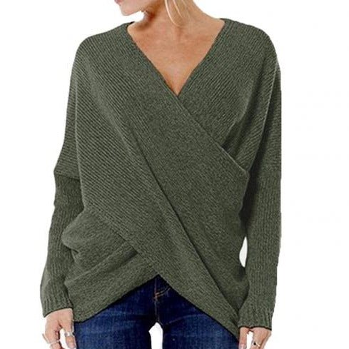 Damen Pullover – Lockerer Schnitt – Wollmix – V-Ausschnitt – Wickeldesign – Rippstrick