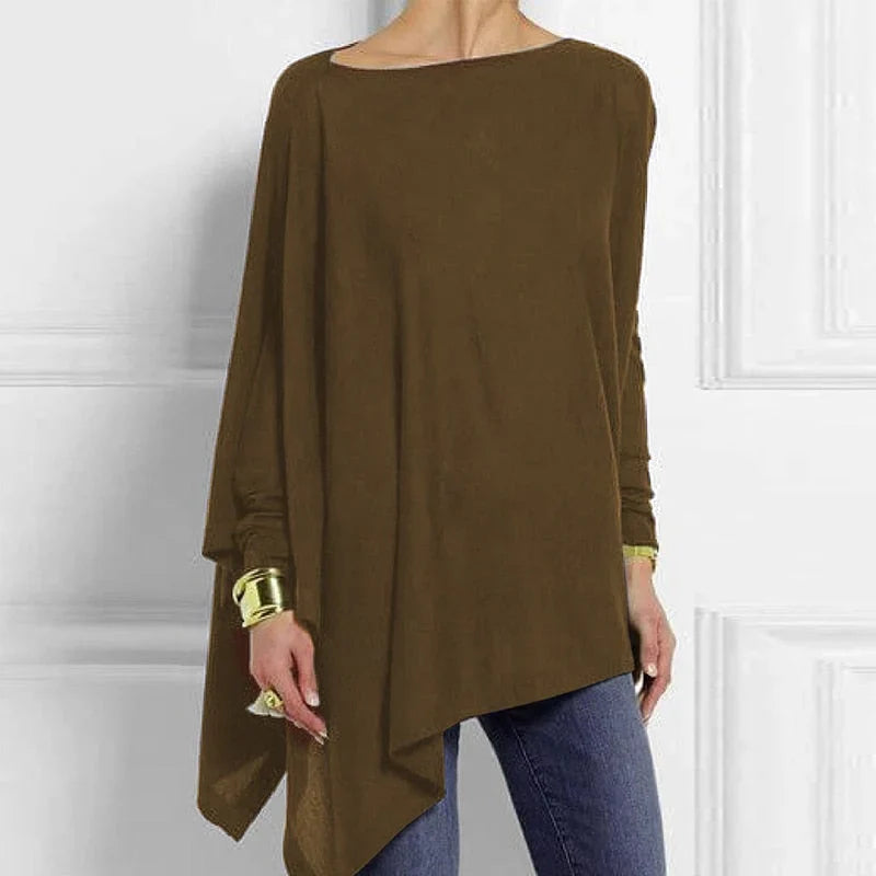 Damen Tunika Top – Weicher Strick – Oversize Passform – Asymmetrischer Saum – Langarm