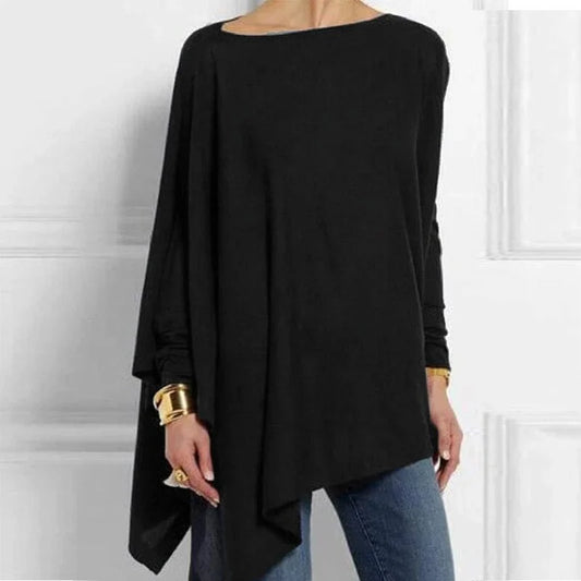 Damen Tunika Top – Weicher Strick – Oversize Passform – Asymmetrischer Saum – Langarm
