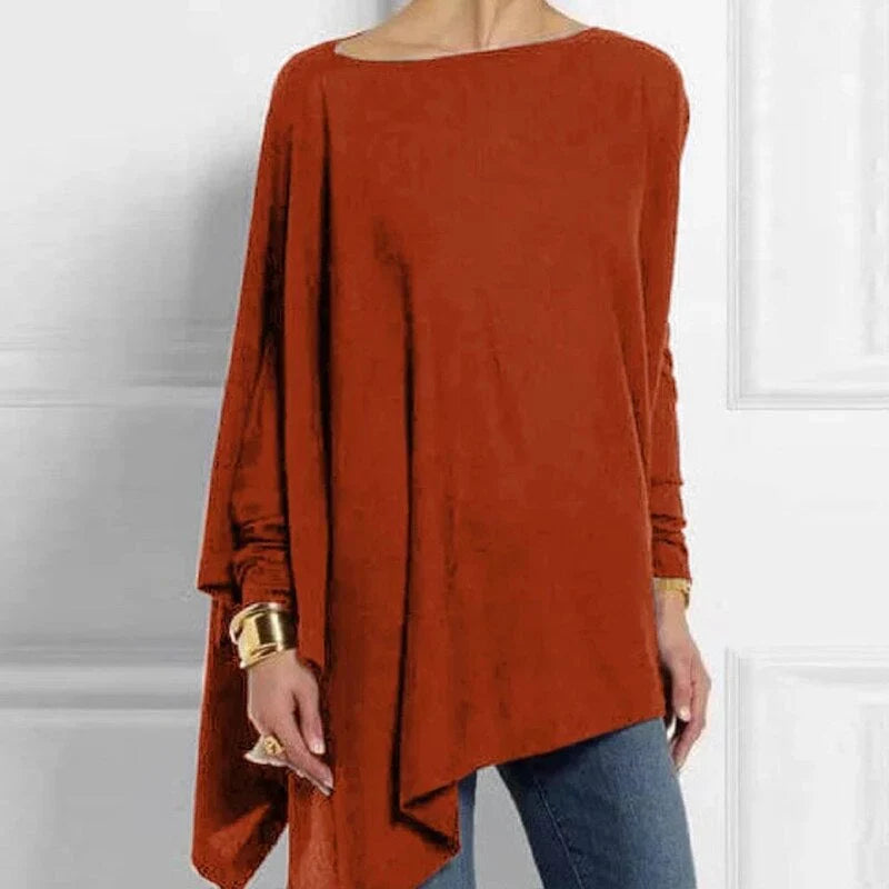 Damen Tunika Top – Weicher Strick – Oversize Passform – Asymmetrischer Saum – Langarm