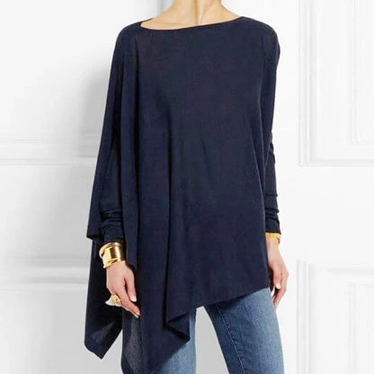 Damen Tunika Top – Weicher Strick – Oversize Passform – Asymmetrischer Saum – Langarm