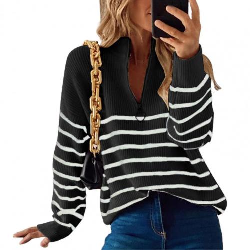 Damen Strickpullover – Lockere Passform – Rippenstruktur – Zip-Kragen – Langarm