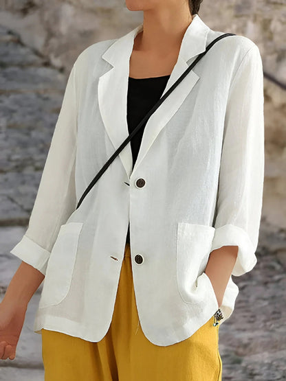 Damen Blazer – Entspannter Schnitt – Natürliche Fasern – 3/4 Ärmel – Patch-Taschen