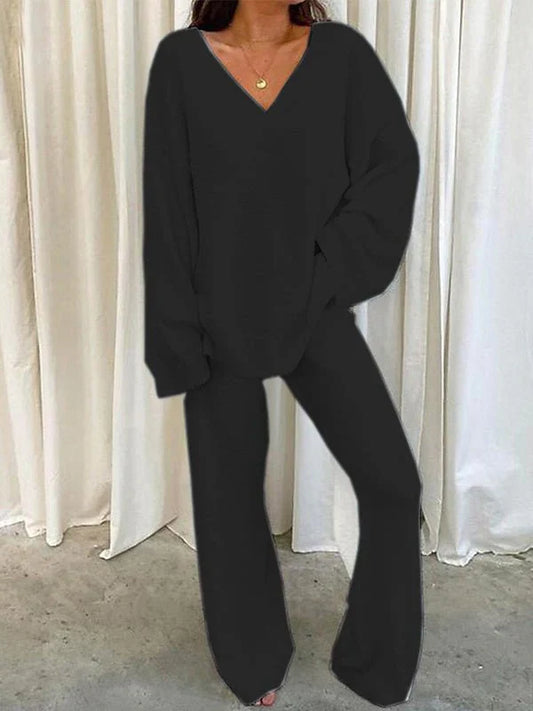 Women’s Lounge Set – Soft Knit – V-Neck Long Sleeve Top – Relaxed Fit Pants