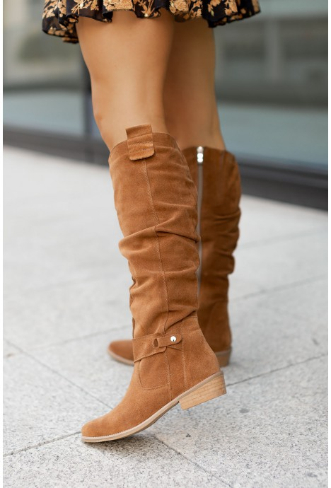 Damen Stiefel kniehoch – Low Heel – Rundzeh – Reißverschluss – Schnallen-Design