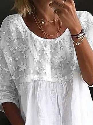 Damen Bluse – Lockerer Schnitt – Spitzeinsatz – 3/4 Ärmel – Atmungsaktive Qualität