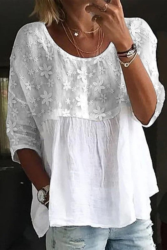 Damen Bluse – Lockerer Schnitt – Spitzeinsatz – 3/4 Ärmel – Atmungsaktive Qualität