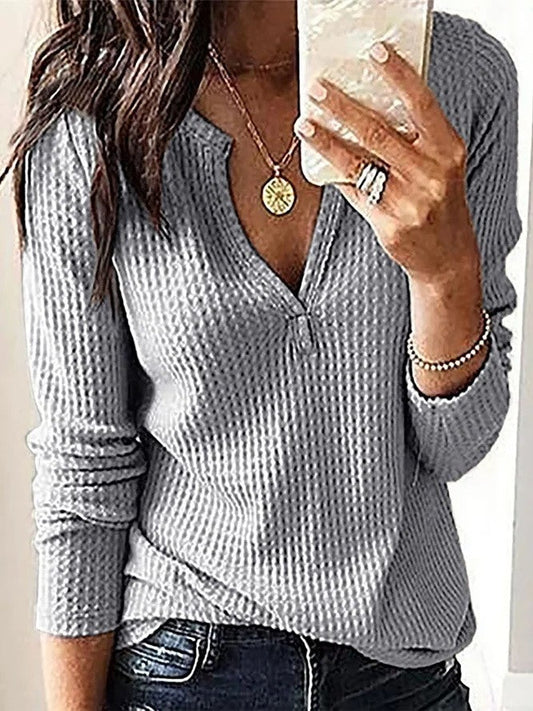Damen Sweatshirt – Relaxed Fit – Waffelstruktur – V-Ausschnitt – Langarm Casual
