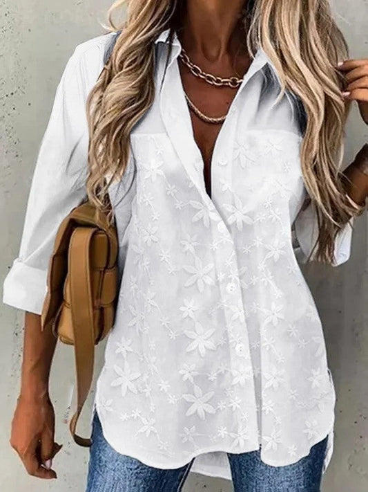 Damen Bluse – Lockerer Schnitt – Stickerei – Atmungsaktives Material – Hemdkragen
