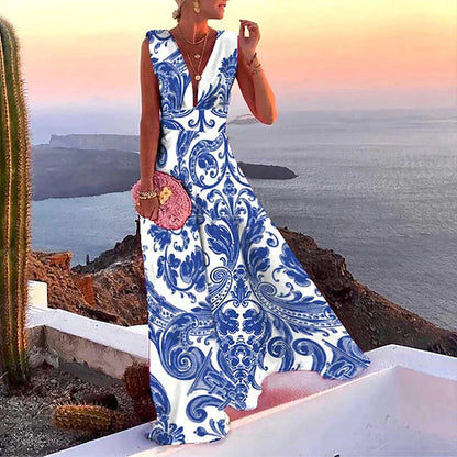 Damen-Maxikleid – Fließender Schnitt – Ärmellos – Tiefer V-Ausschnitt – Blumenmuster – Atmungsaktive Mischung