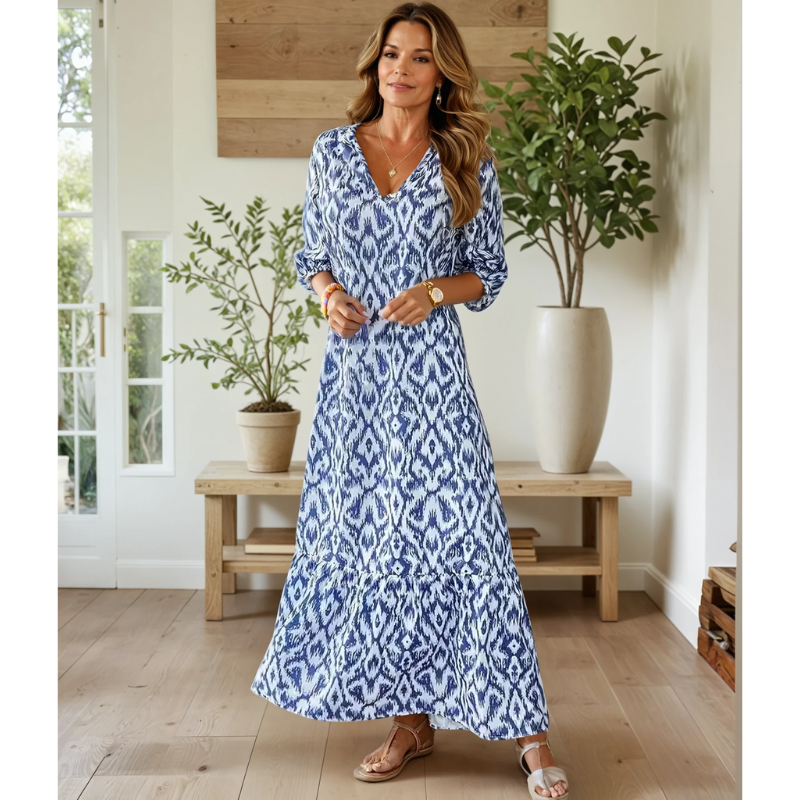 Damen Maxikleid – Luftiger Schnitt – V-Ausschnitt – Kurzarm – Boho Quastenmuster